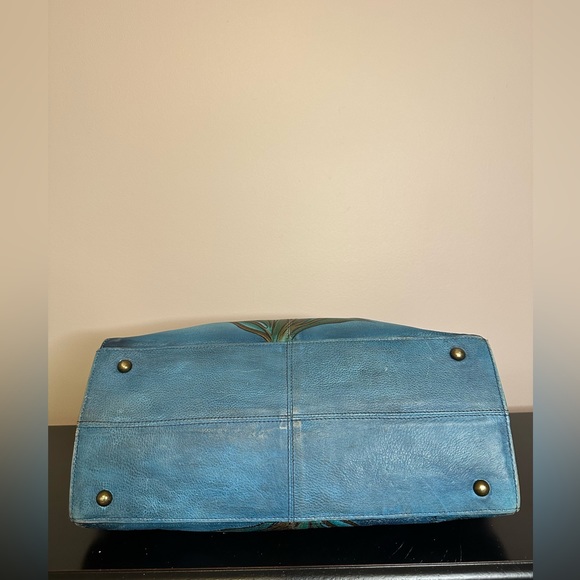 Anuschka Hand Painted Leather Teal Floral Tote Shoulder Handbag Purse - Picture 5 of 16